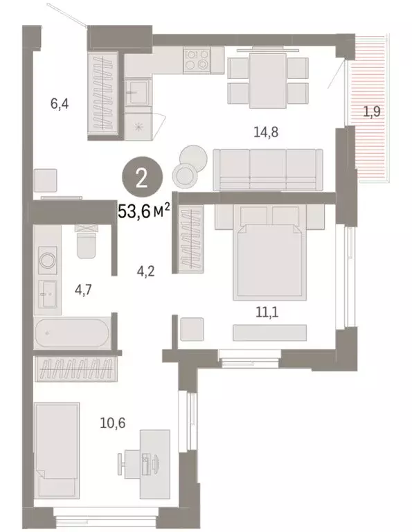 2-комнатная квартира: Тюмень, жилой комплекс Зарека (53.6 м) - Фото 1