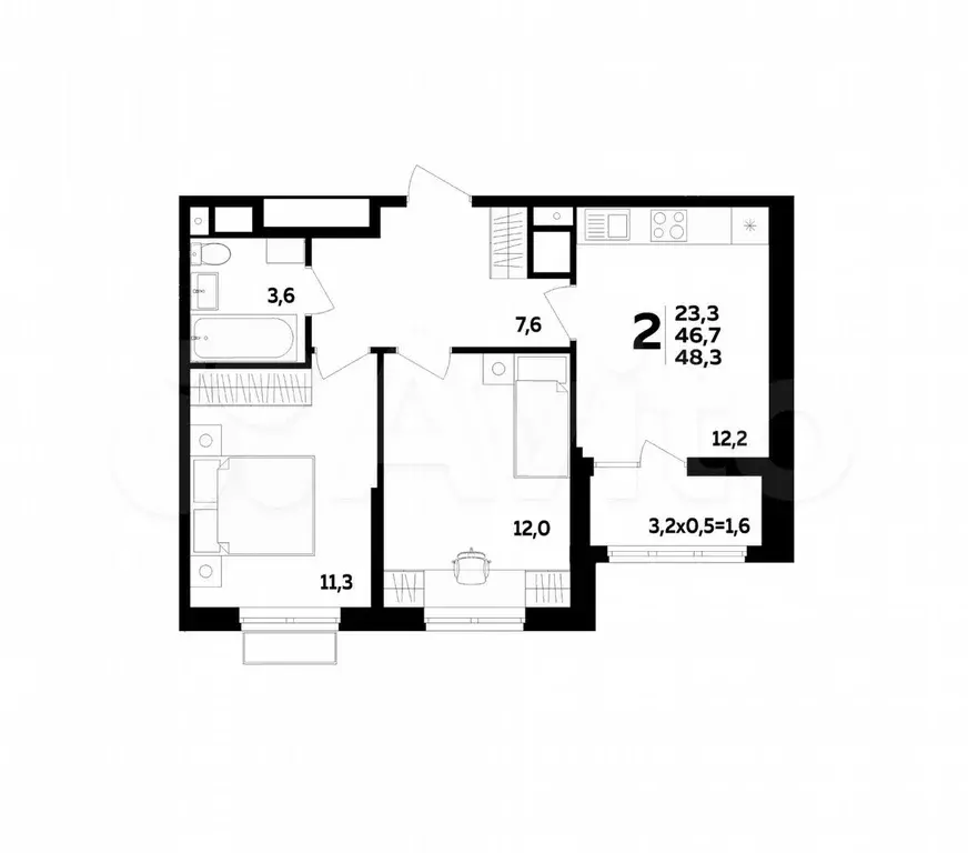 2-к. квартира, 48,3 м, 10/16 эт. - Фото 1