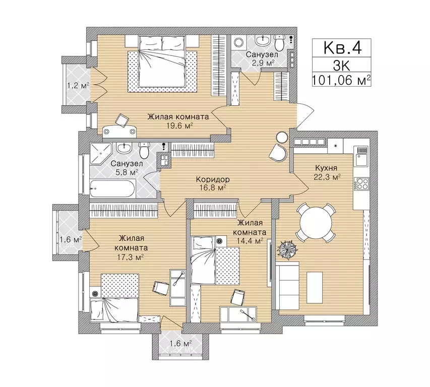 3-комнатная квартира: Рязань, улица Горького, 62 (101.06 м) - Фото 0