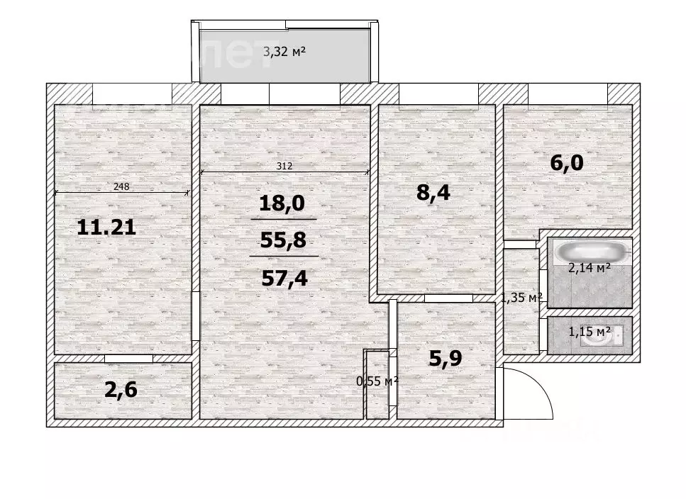 3-к кв. Ульяновская область, Ульяновск ул. Ефремова, 63 (55.8 м) - Фото 1