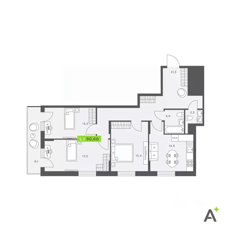 3-к кв. Санкт-Петербург бул. Александра Грина, 4 (90.6 м) - Фото 1