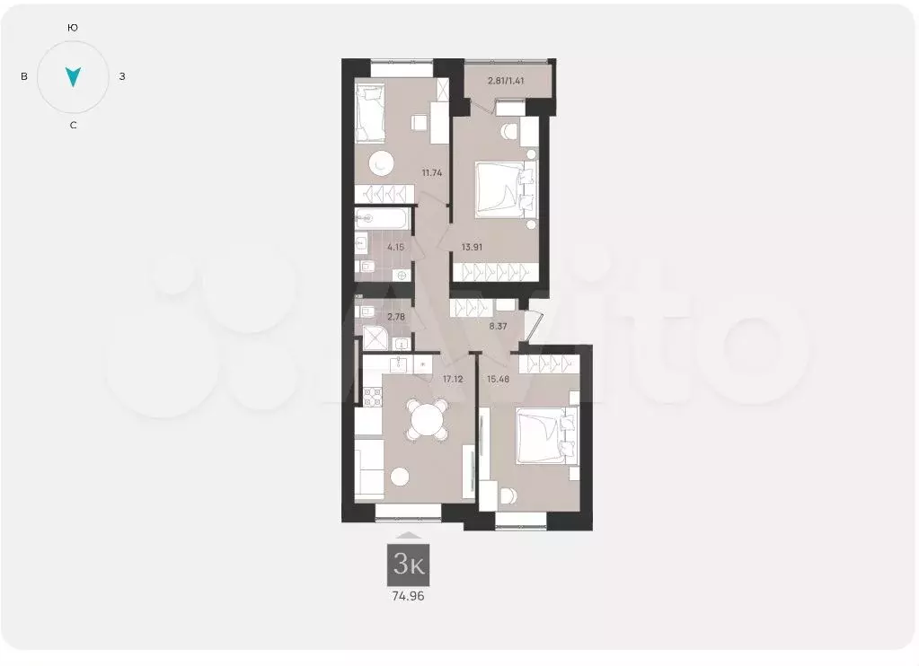 3-к. квартира, 75 м, 1/9 эт. - Фото 1