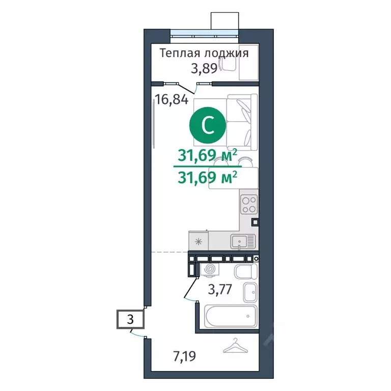 Студия Тюменская область, Тюменский муниципальный округ, д. Дударева ... - Фото 1