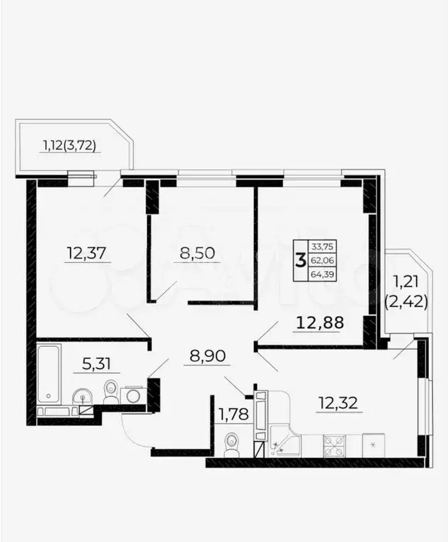 3-к. квартира, 65 м, 4/24 эт. - Фото 0