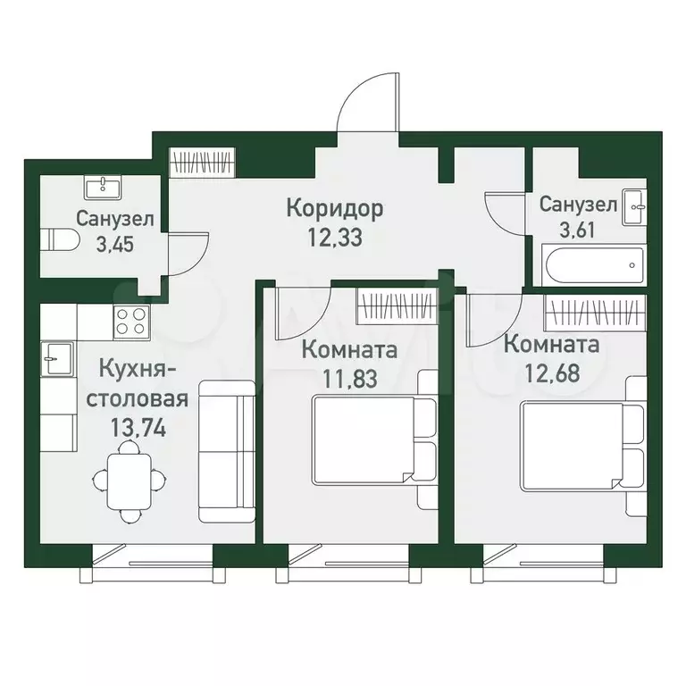 2-к. квартира, 65,9 м, 2/7 эт. - Фото 0