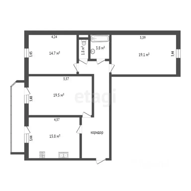 3-к кв. Тюменская область, Тюмень Ставропольская ул., 1/2 (93.0 м) - Фото 2