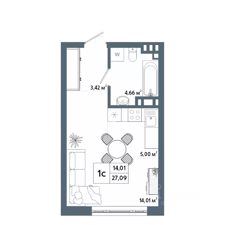 Студия Башкортостан, Уфа 42-й кв-л,  (27.0 м) - Фото 1