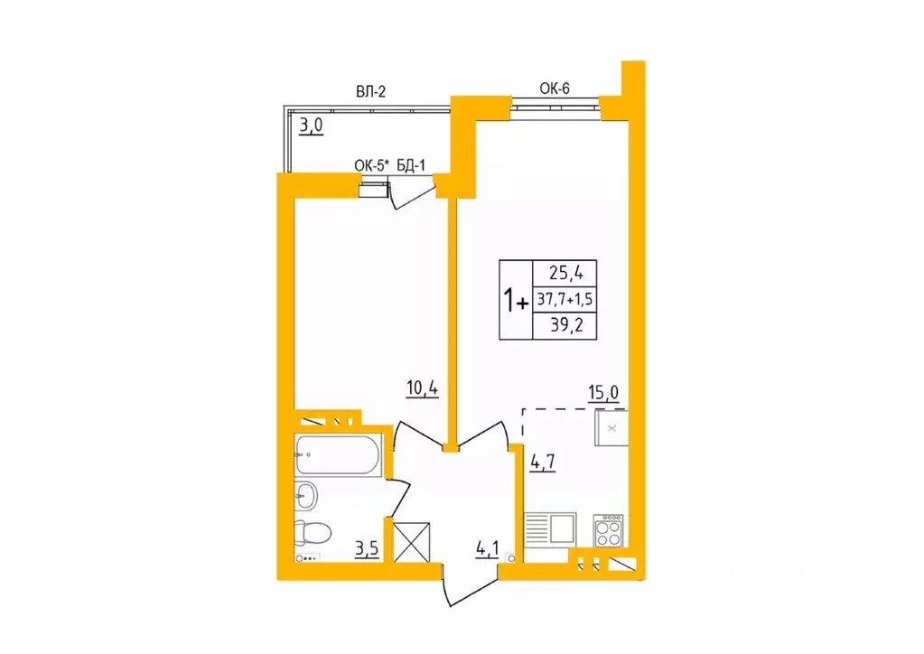 1-к кв. Башкортостан, Уфа Инорс-4Б мкр, Акварель жилой комплекс (39.0 ... - Фото 1