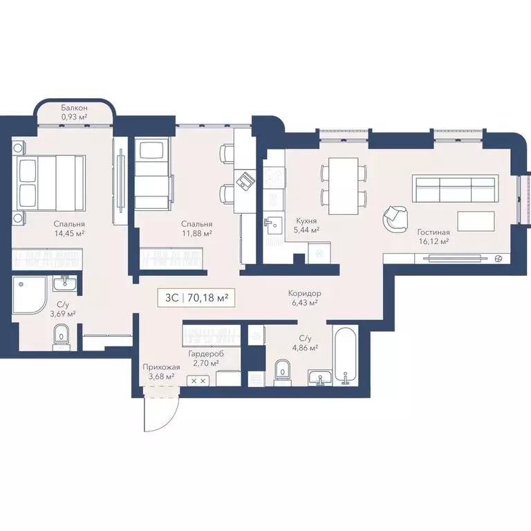 3-комнатная квартира: Новосибирск, улица Кирова, 115 (70.4 м) - Фото 1