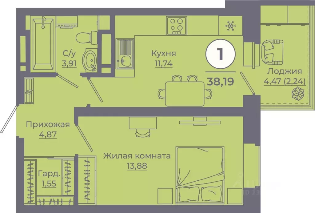 1-к кв. Ростовская область, Ростов-на-Дону ул. Еременко, 115 (38.39 м) - Фото 1