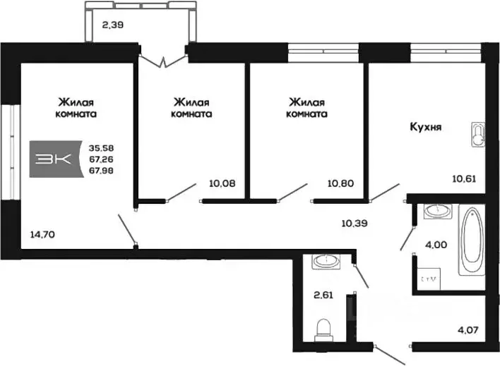 3-к кв. Новосибирская область, Новосибирск ул. Титова, 48 (67.26 м) - Фото 0