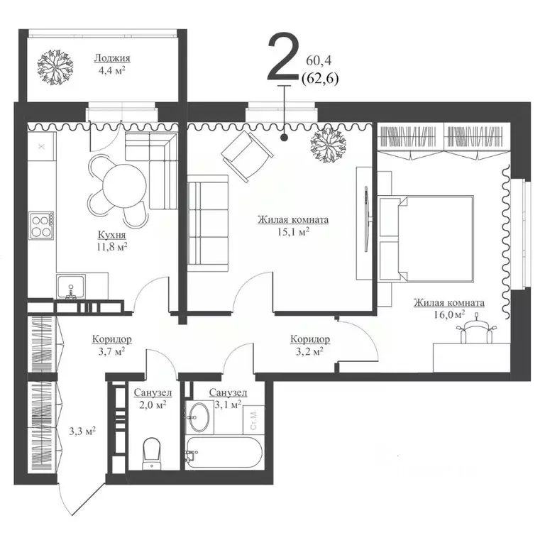2-к кв. Татарстан, Зеленодольск Мирный мкр,  (60.4 м) - Фото 1