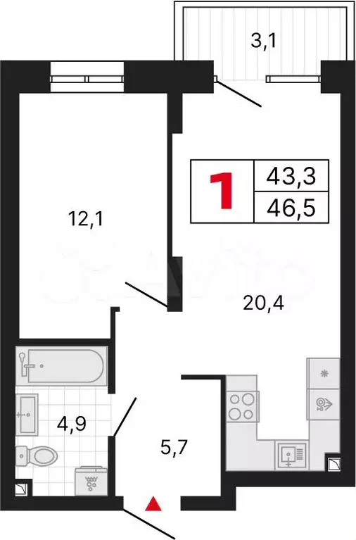1-к. квартира, 46,5 м, 1/25 эт. - Фото 0
