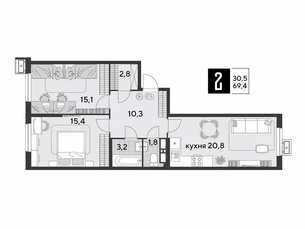 2-комнатная квартира: Краснодар, микрорайон Парк Победы (69.4 м) - Фото 1