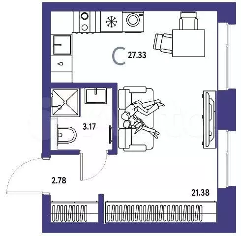 Квартира-студия, 27,3 м, 2/24 эт. - Фото 1