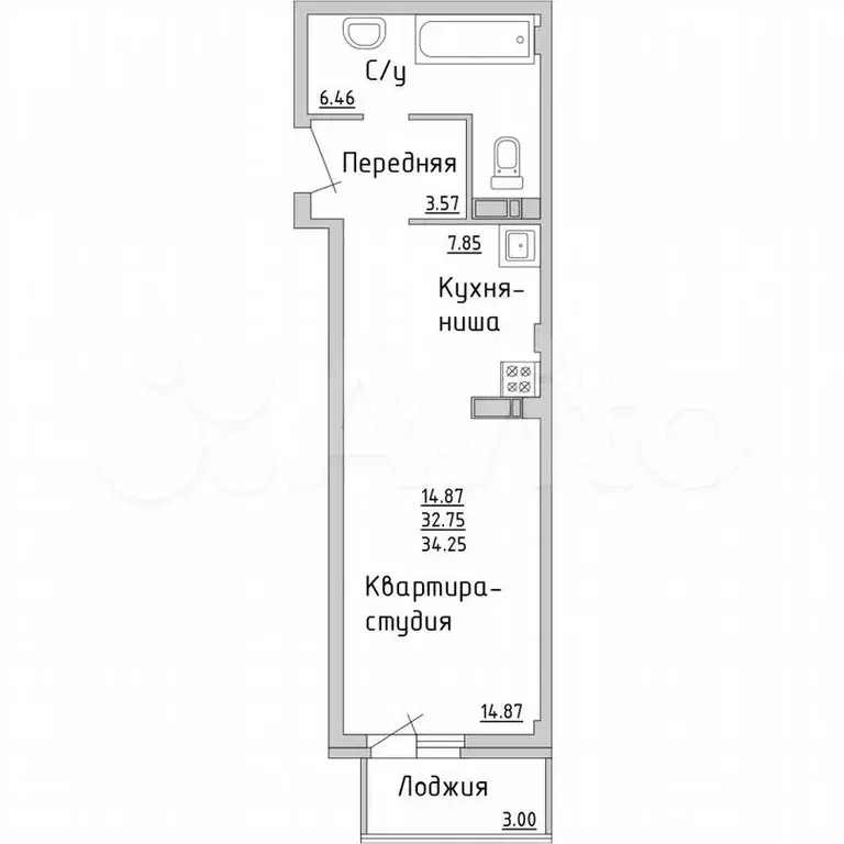 Квартира-студия, 34,1м, 8/16эт. - Фото 0