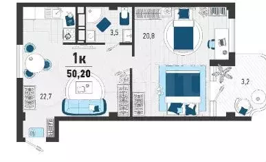 1-к. квартира, 50,2 м, 1/3 эт. - Фото 1