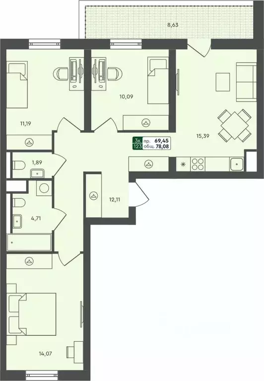 3-к кв. Омская область, Омск Красноярский тракт (78.08 м) - Фото 0