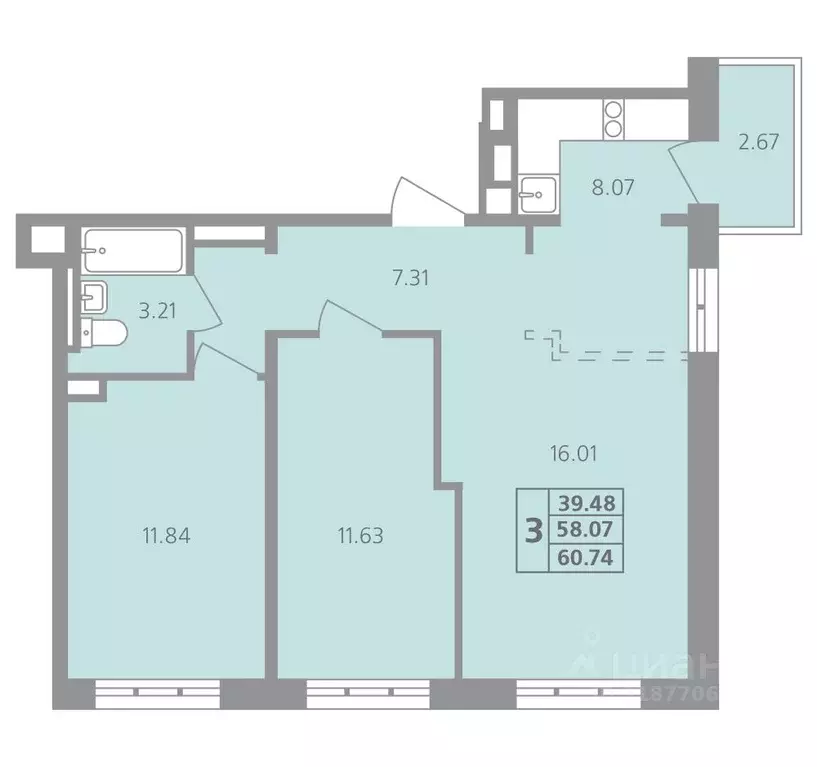 3-к кв. Иркутская область, Иркутск ул. Калинина, 42 (60.74 м) - Фото 0