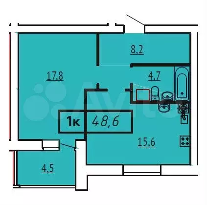 1-к. квартира, 48,6 м, 5/9 эт. - Фото 0
