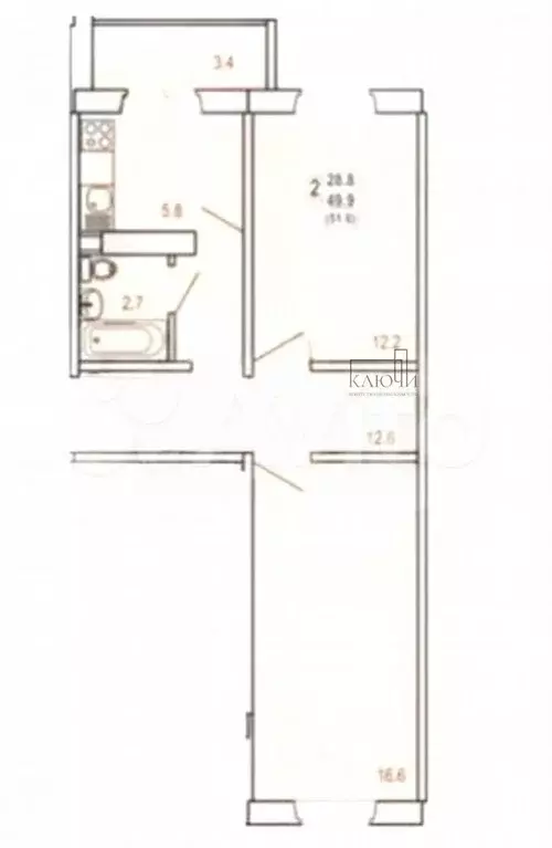 2-к. квартира, 51,6 м, 8/10 эт. - Фото 0