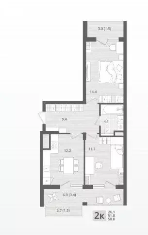 2-комнатная квартира: Пионерский, посёлок Рыбное (58 м) - Фото 0