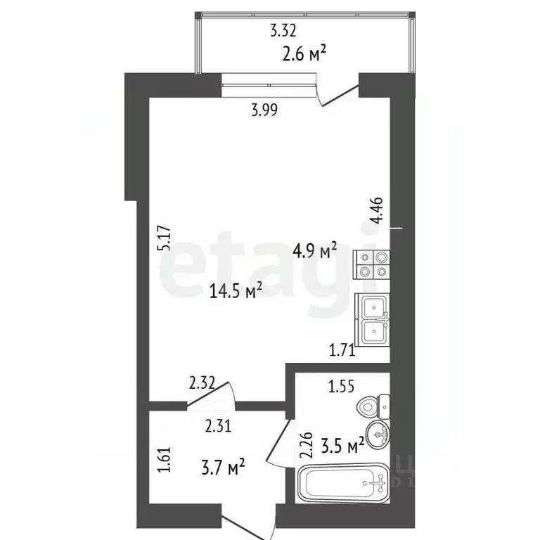 Студия Башкортостан, Стерлитамак ул. Кочетова, 31А (27.0 м) - Фото 2