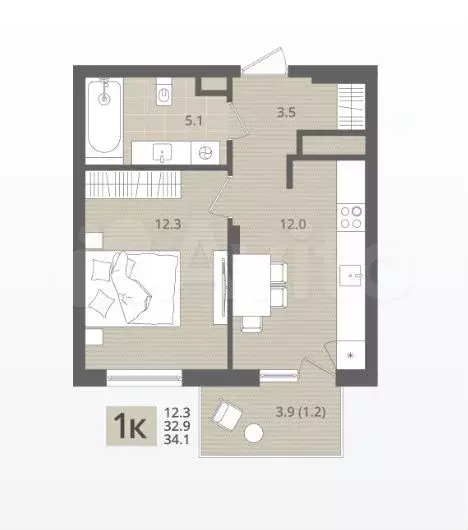1-к. квартира, 34,1 м, 3/7 эт. - Фото 1