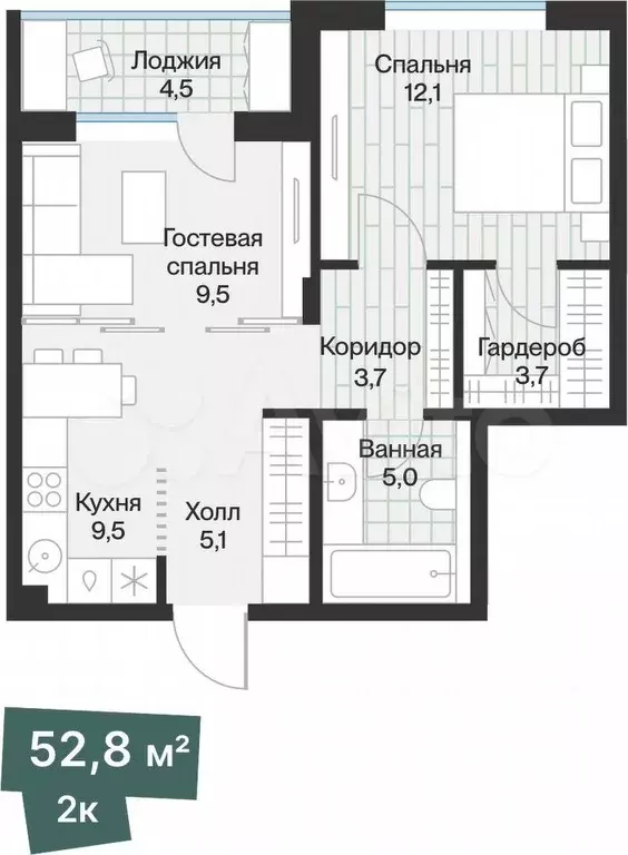 1-к. квартира, 50,5 м, 4/4 эт. - Фото 0