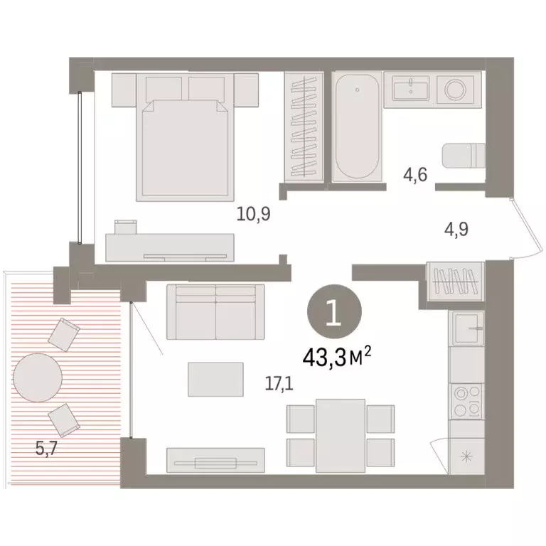 1-комнатная квартира: Тюмень, ЖК Дом у Озера (43.31 м) - Фото 1