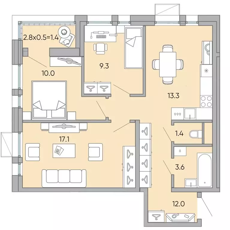 3-комнатная квартира: Чита, микрорайон Хороший, 14 (68.5 м) - Фото 1