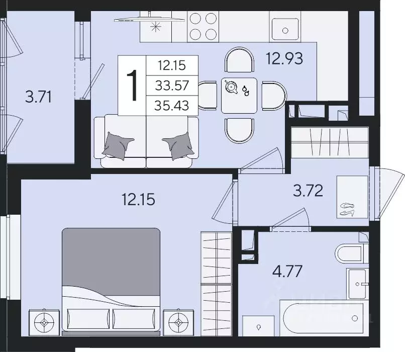 1-к кв. Краснодарский край, Краснодар  (35.43 м) - Фото 2