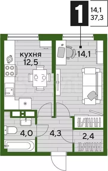 1-к. квартира, 37,3 м, 14/16 эт. - Фото 1