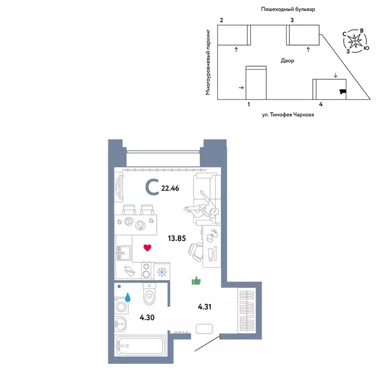 Квартира-студия: Тюмень, улица Тимофея Чаркова, 93 (22.46 м) - Фото 0