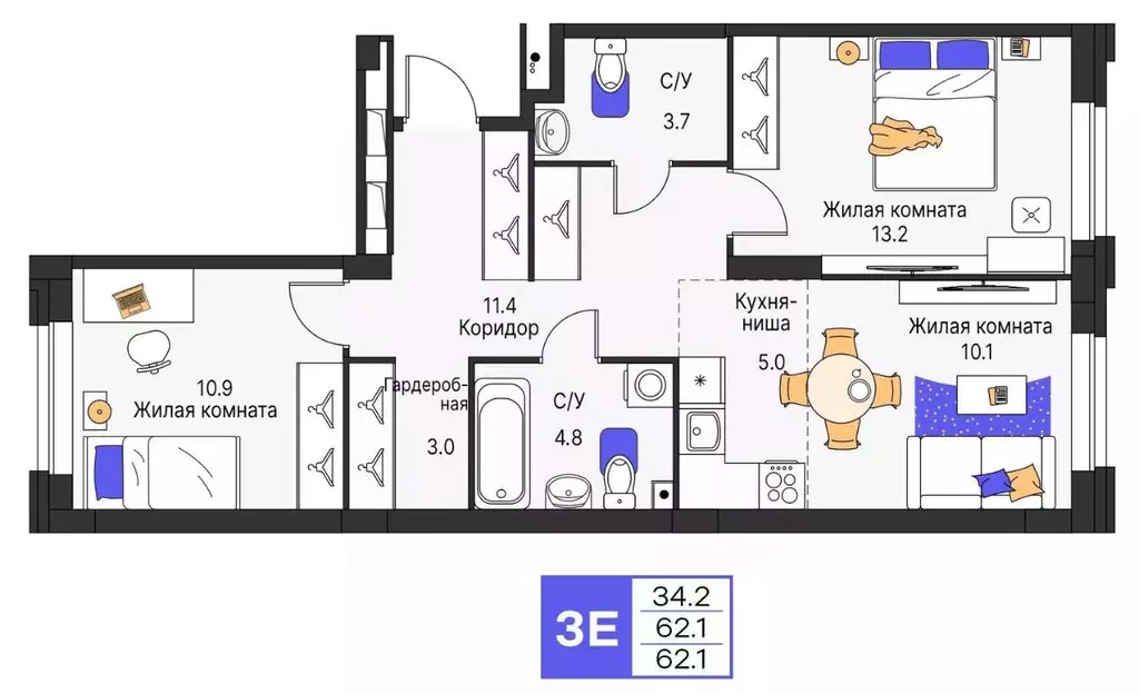 3-к кв. Пермский край, Пермь ул. Карла Модераха, 7 (62.1 м) - Фото 1