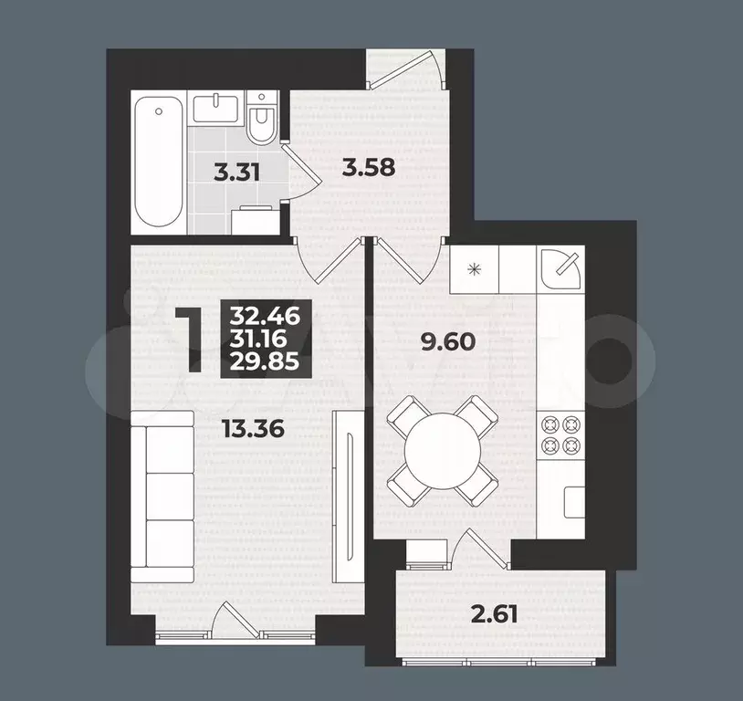1-к. квартира, 32,4 м, 9/9 эт. - Фото 1