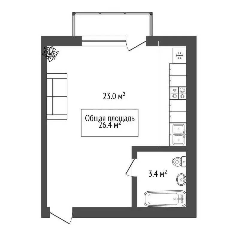 Квартира-студия: Новосибирск, улица Николая Грицюка, 1 (26.4 м) - Фото 1