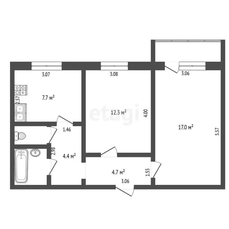 Квартира, 2 комнаты, 51.9 м - Фото 0