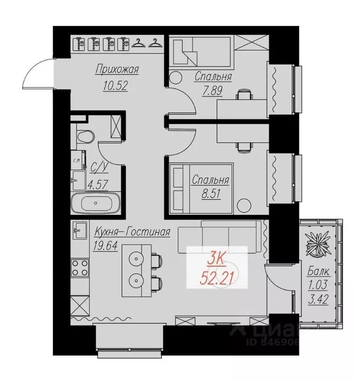 2-к кв. Красноярский край, Красноярск Семафорная ул., 441а (52.21 м) - Фото 0