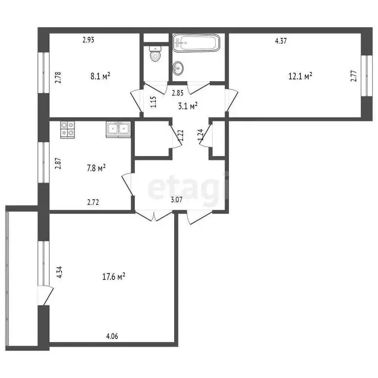 3-комнатная квартира: Тюмень, улица Федюнинского, 7 (60.7 м) - Фото 0