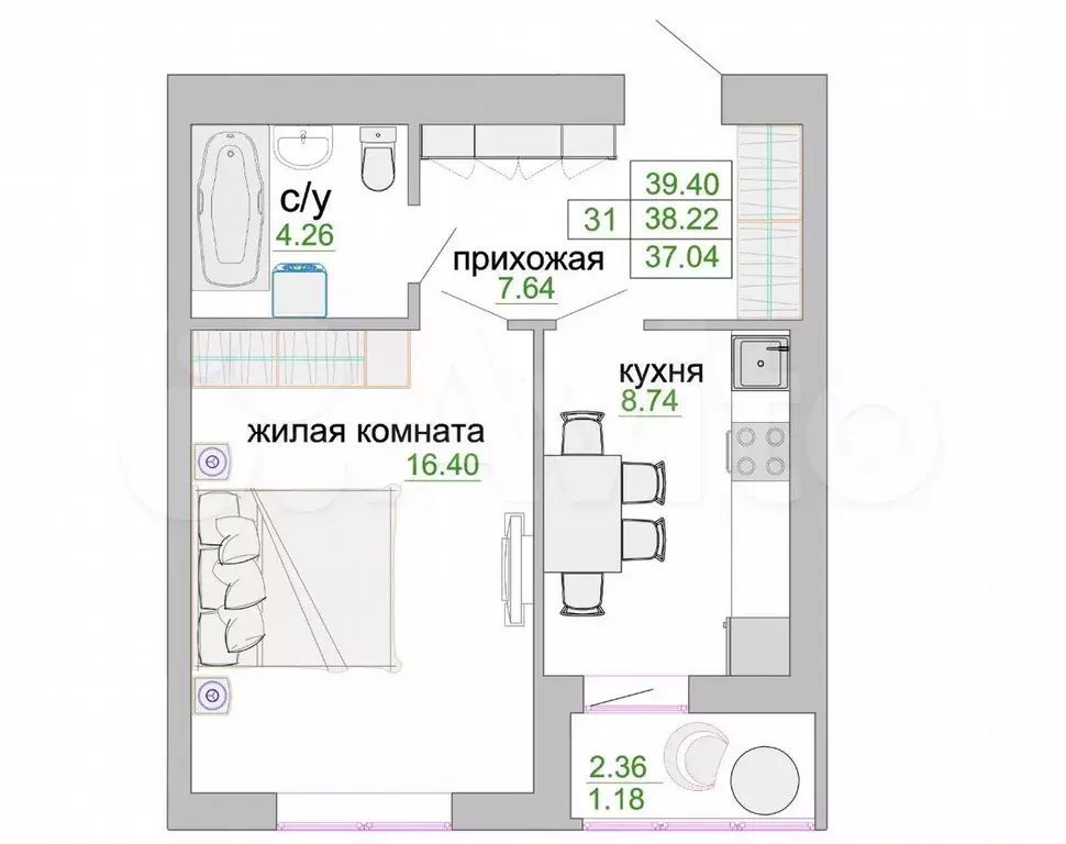 1-к. квартира, 38,7 м, 9/9 эт. - Фото 1