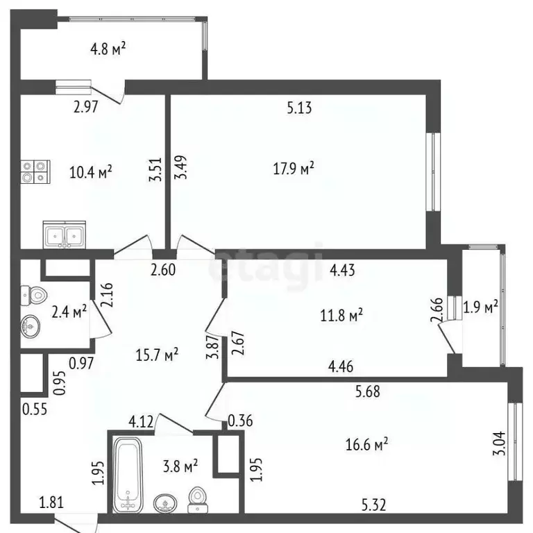 3-к кв. Санкт-Петербург ул. Седова, 24К3 (78.6 м) - Фото 2