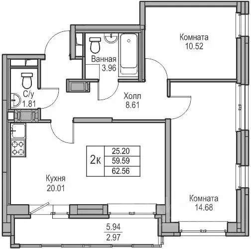 2-к кв. Санкт-Петербург ул. Ивинская, 1к3 (59.59 м) - Фото 0