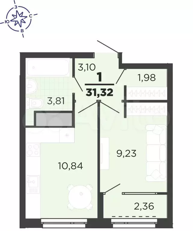 1-к. квартира, 30,1 м, 5/22 эт. - Фото 1