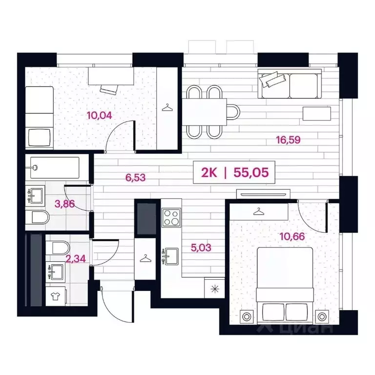 2-к кв. Омская область, Омск Пушкина 77 жилой комплекс (55.12 м) - Фото 1