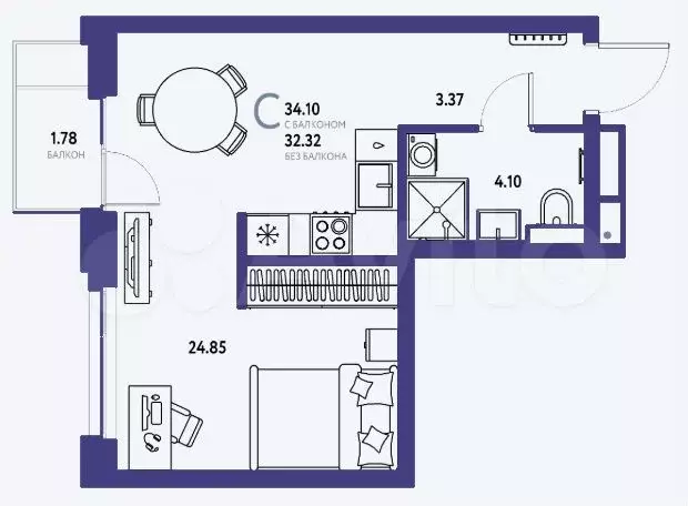 Квартира-студия, 34,1 м, 10/13 эт. - Фото 1