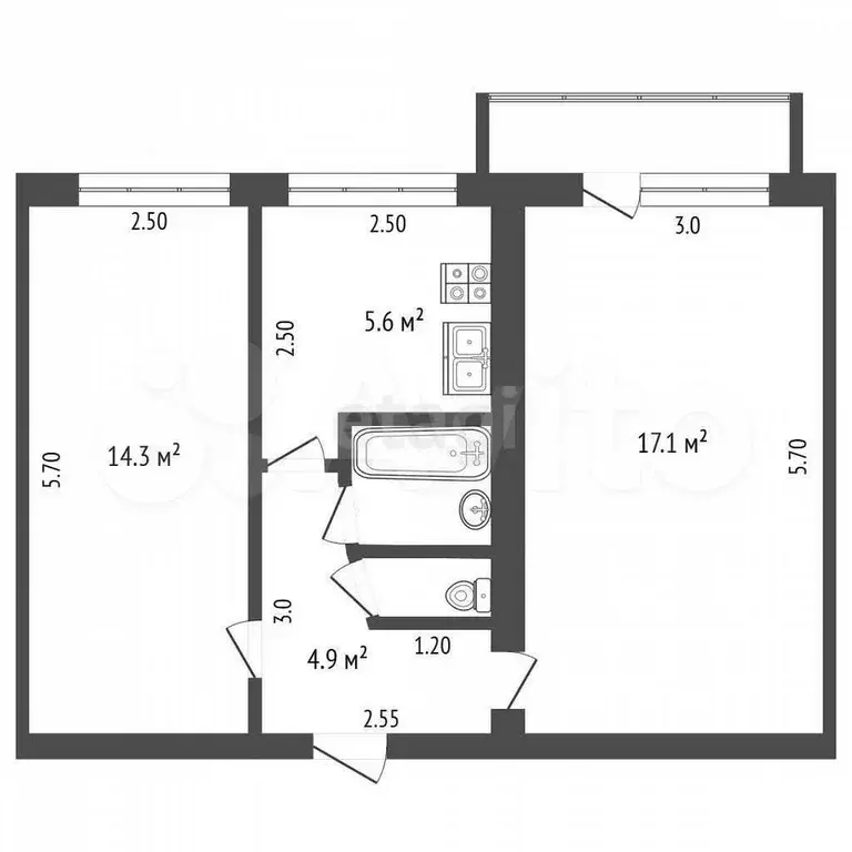 2-к. квартира, 44,9 м, 5/5 эт. - Фото 0