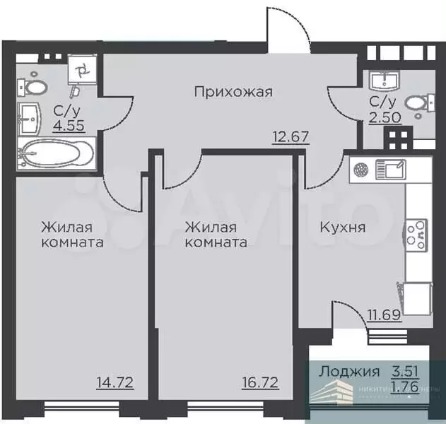 2-к. квартира, 64,6 м, 2/18 эт. - Фото 0