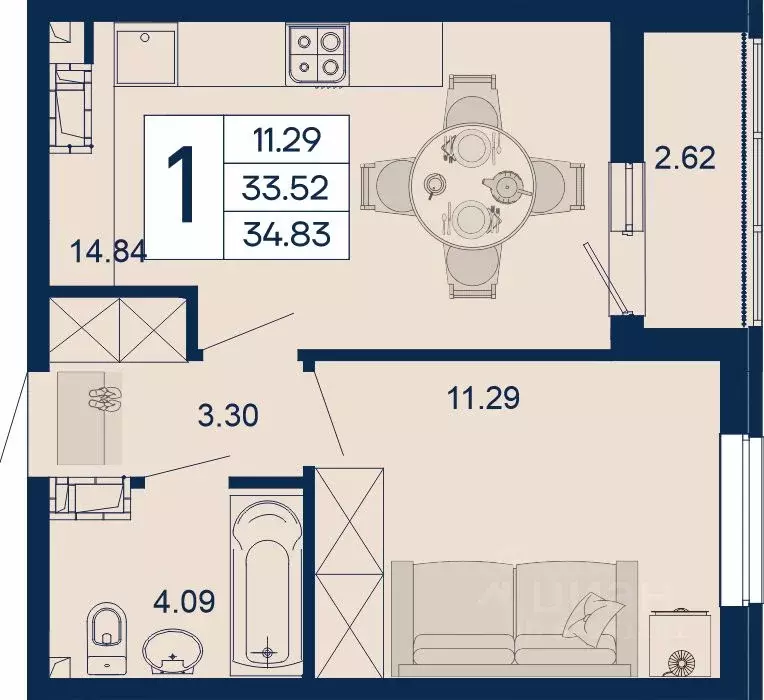 1-к кв. Краснодарский край, Краснодар  (34.83 м) - Фото 1