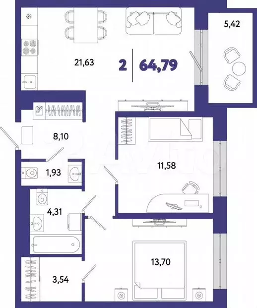 2-к. квартира, 65м, 3/4эт. - Фото 1